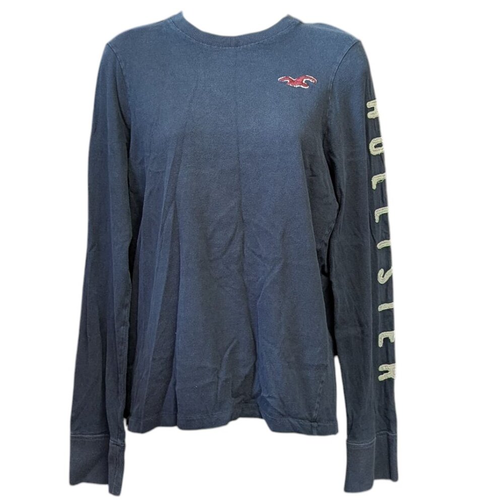 Hollister Women's Navy Blue Long Sleeve T-Shirt Size Small 100% Cotton Logo Tee